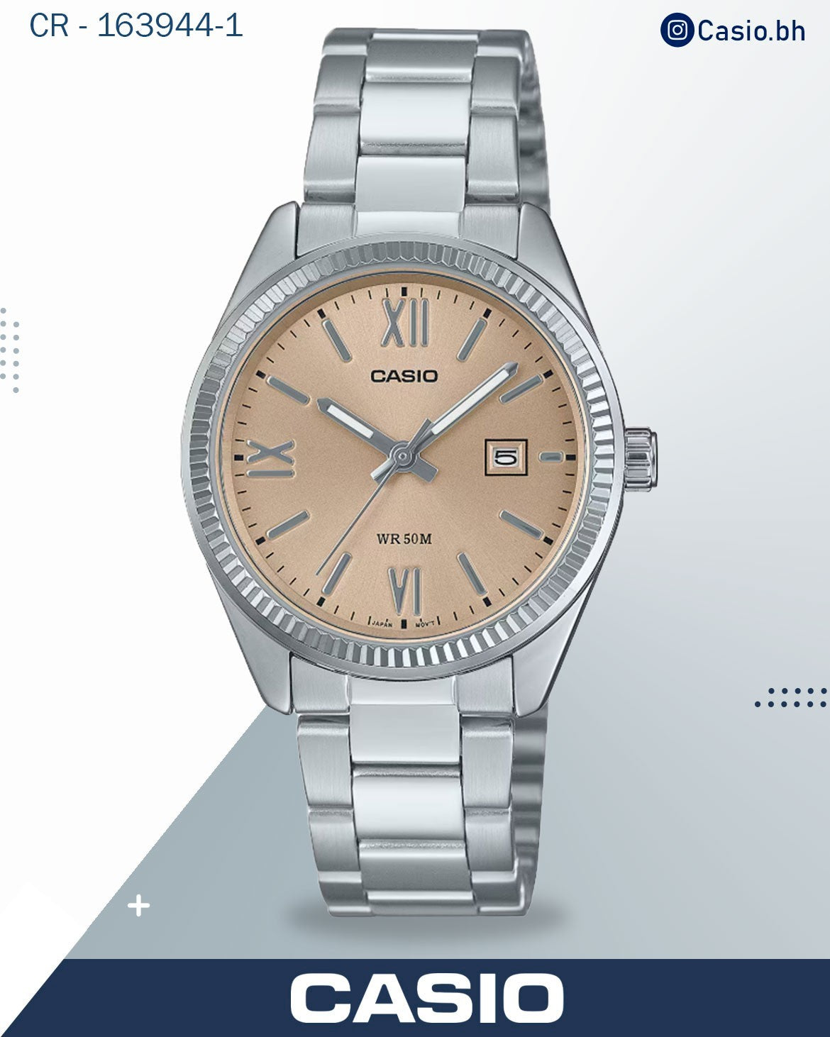 ساعة كاسيو نسائية تناظرية بمينا بيج وسوار من الفولاذ المقاوم للصدأ الفضي، LTP-1302DD-4A2VDF