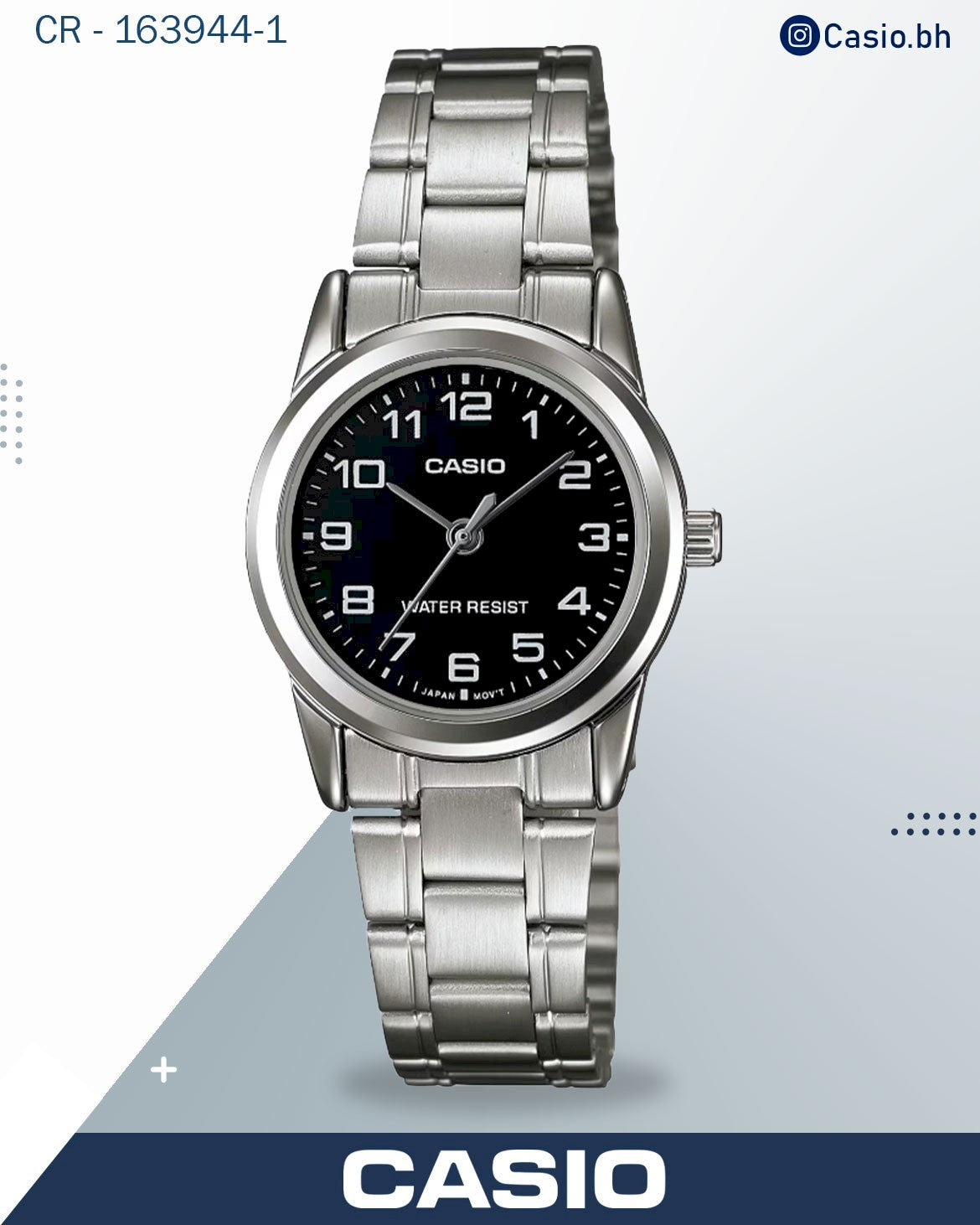 ساعة كاسيو نسائية بعقارب، فضي مع قرص أسود وسوار من الفولاذ المقاوم للصدأ باللون الفضي، LTP-V001D-7BUDF