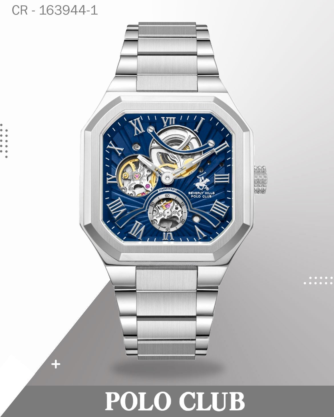 ساعة بولو كلوب رجالية أوتوماتيكية أنالوج بميناء أزرق مع سوار فضي، BP3799X.390
