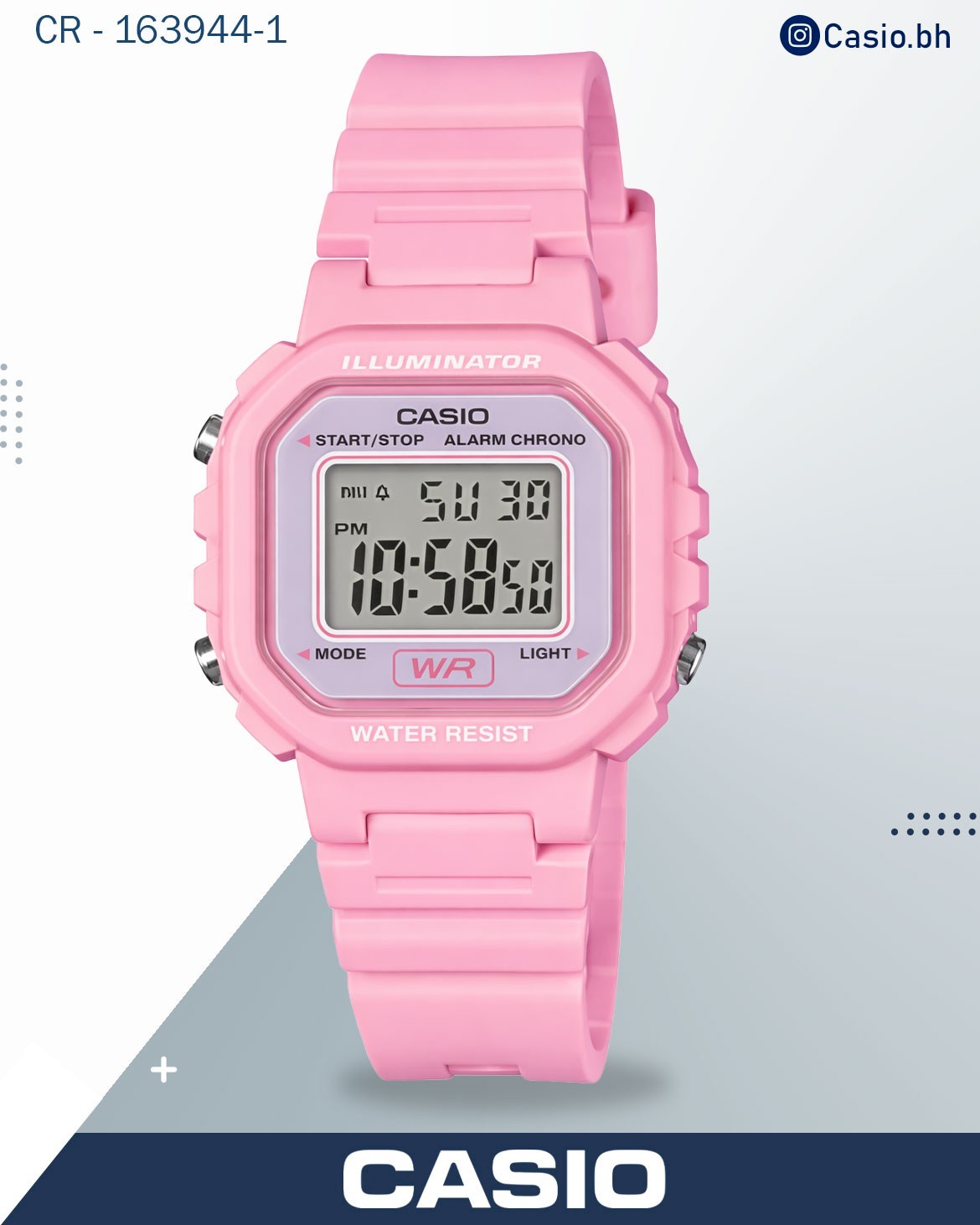 ساعة كاسيو نسائية رقمية بميناء وردي مع سوار ريزن وردي، LA-20WH-4A1DF