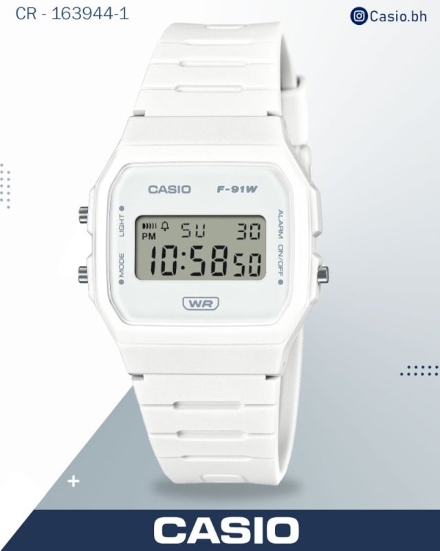 ساعة كاسيو للجنسين رقمية بميناء رقمي مع سوار ريزن أبيض، F-91WB-7ADF