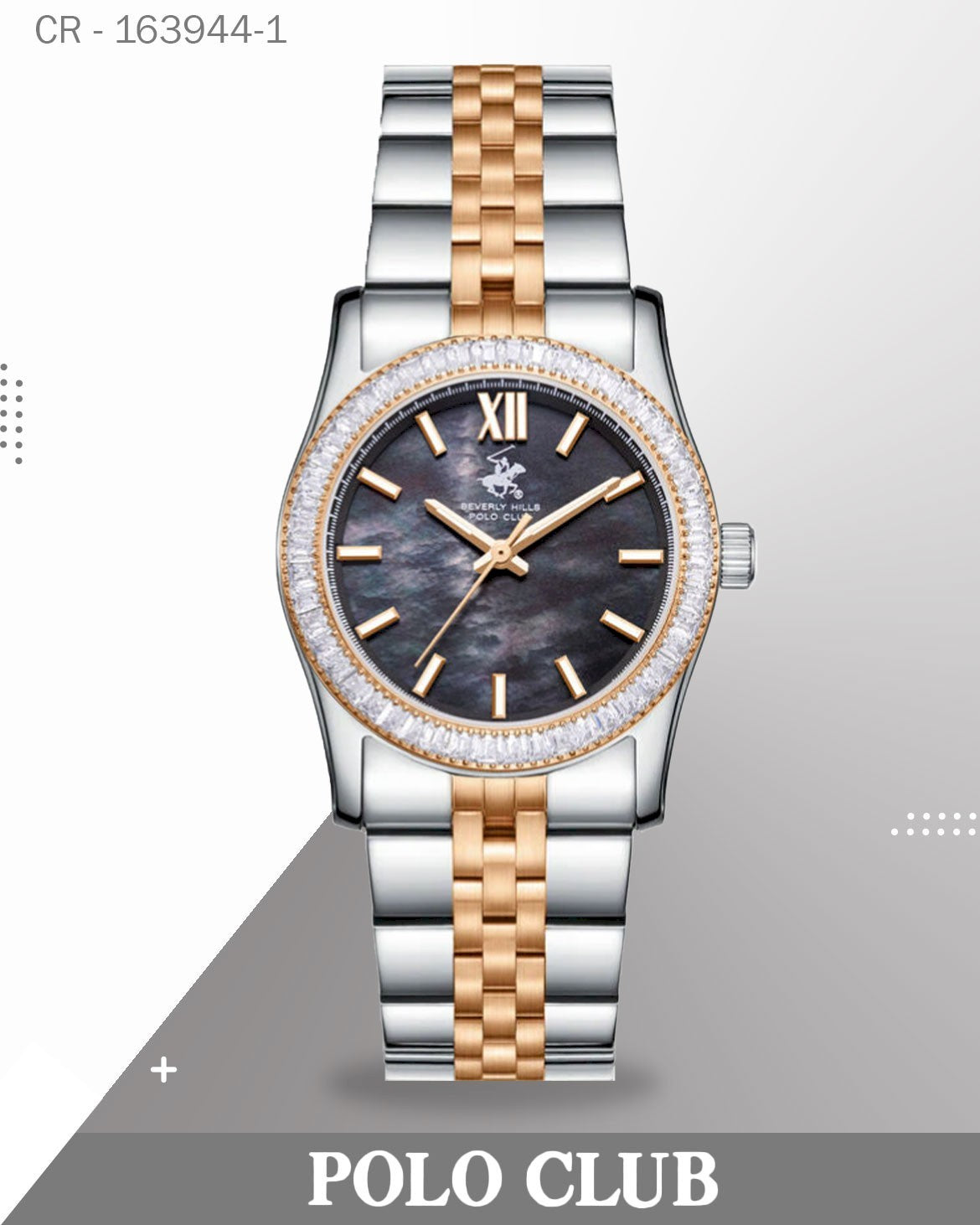 BP3875C.560 ,ساعة بولو نسائية، مينا من عرق اللؤلؤ الأسود مع سوار من الفولاذ المقاوم للصدأ بلونين