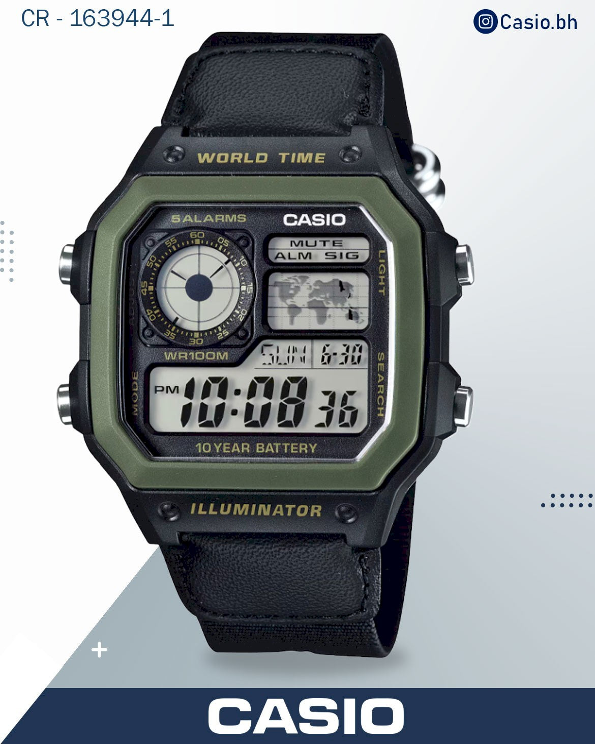 ساعة كاسيو رجالية رقمية، مينا أخضر وسوار قماشي أخضر، AE-1200WHB-3BVD