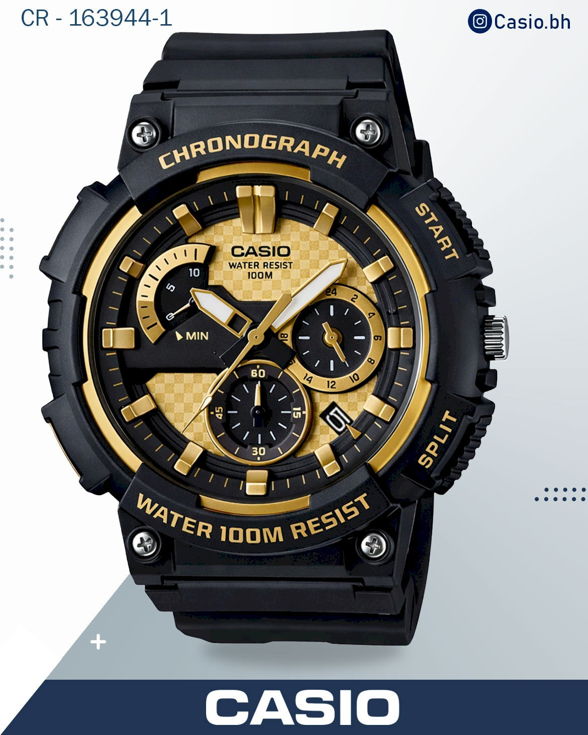 ساعة كاسيو كرونوغراف رجالية تناظرية، مينا ذهبي وسوار من الراتنج الأسود، MCW-200H-9AVDF