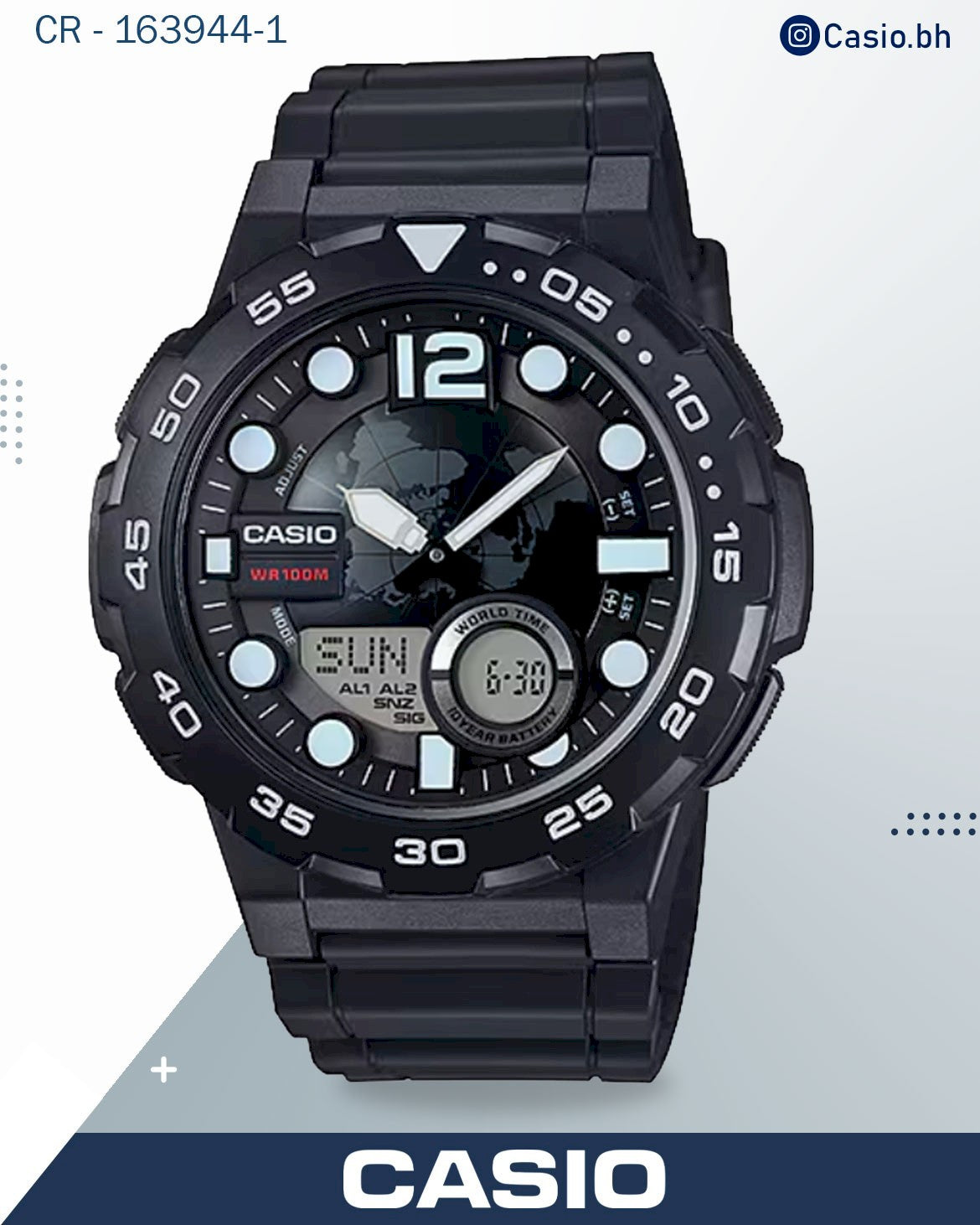 ساعة كاسيو رجالية تجمع بين العرض التناظري والرقمي، مينا أسود وسوار من الراتنج الأسود، AEQ-100W-1AVDF