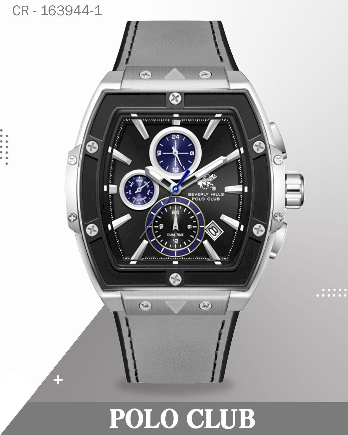 ساعة بولو كلوب رجالية تناظرية، مينا أسود متعدد الوظائف مع سوار جلدي رمادي، BP3841X.366