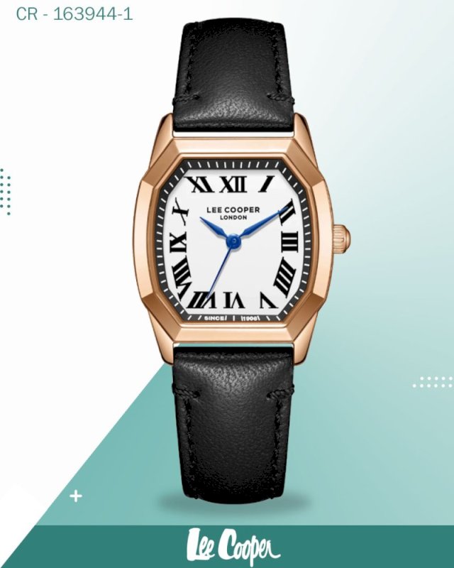 ساعة لي كوبر النسائية التناظرية ذات المينا البيضاء مع سوار من الجلد الأسود، LC08202.431