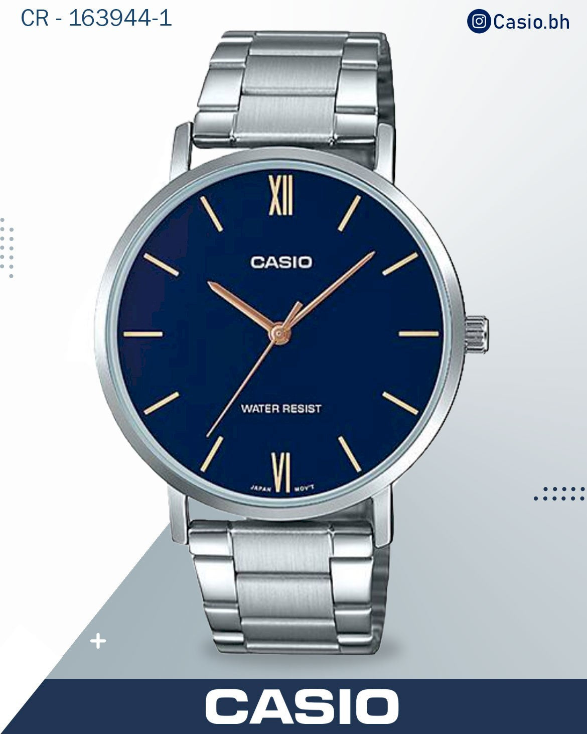 ساعة كاسيو رجالية تناظرية، مينا أزرق، سوار من الفولاذ المقاوم للصدأ الأسود، MTP-VT01B-2BUDF