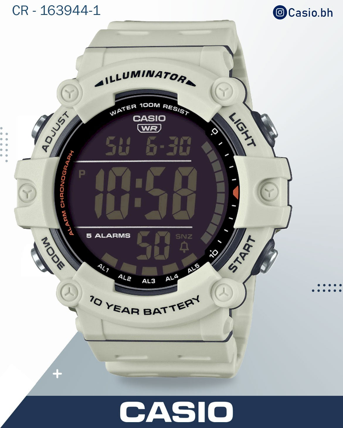 ساعة كاسيو رجالية رقمية، مينا أسود، سوار من الراتنج الأبيض، AE-1500WH-8B2VDF