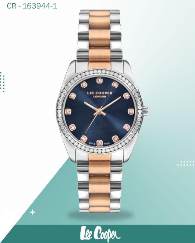 ساعة لي كوبر النسائية التناظرية، مينا أزرق داكن مع سوار معدني بلونين من الذهب الوردي، LC07478.590