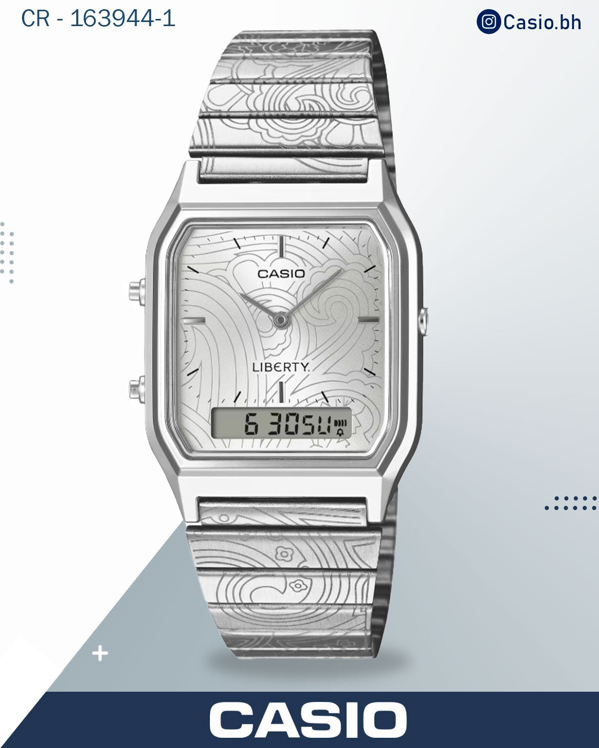 ساعة كاسيو ليبرتي الرجالية، مينا فضي مع سوار من الفولاذ المقاوم للصدأ، AQ-230ELT-7A