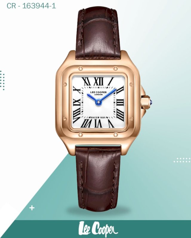 ساعة لي كوبر النسائية، مينا أبيض تناظري مع سوار جلدي بني، LC08191.431