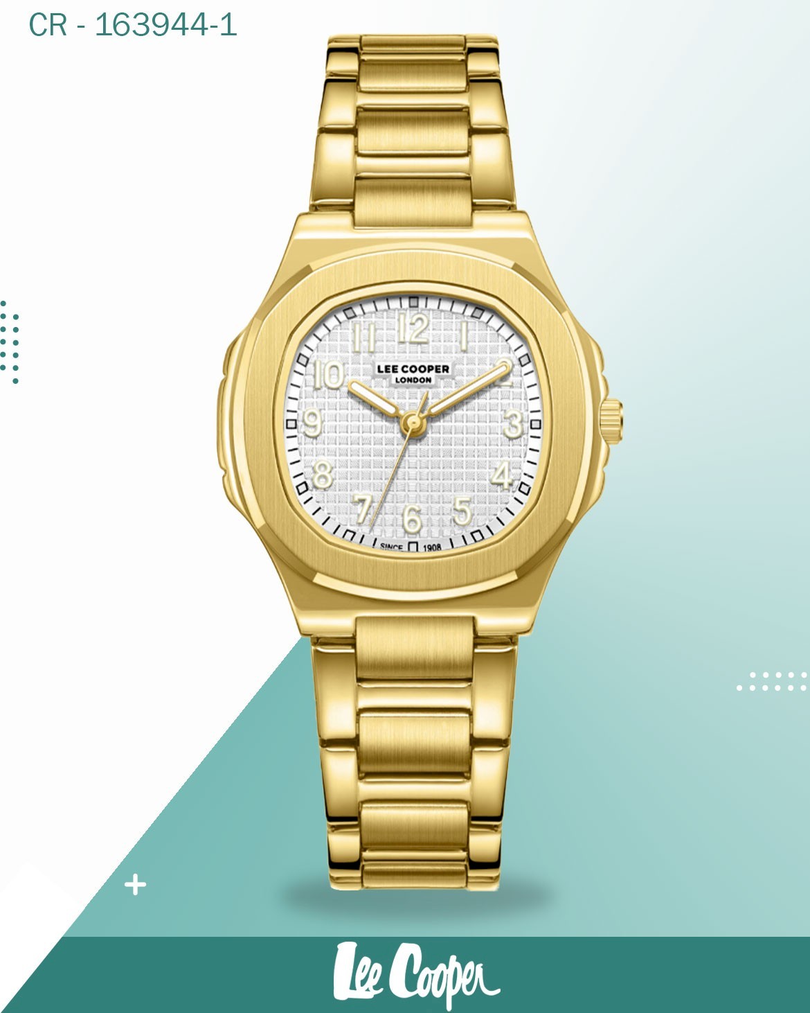 ساعة لي كوبر النسائية التناظرية ذات المينا الفضية والسوار المعدني الذهبي، LC08258.130