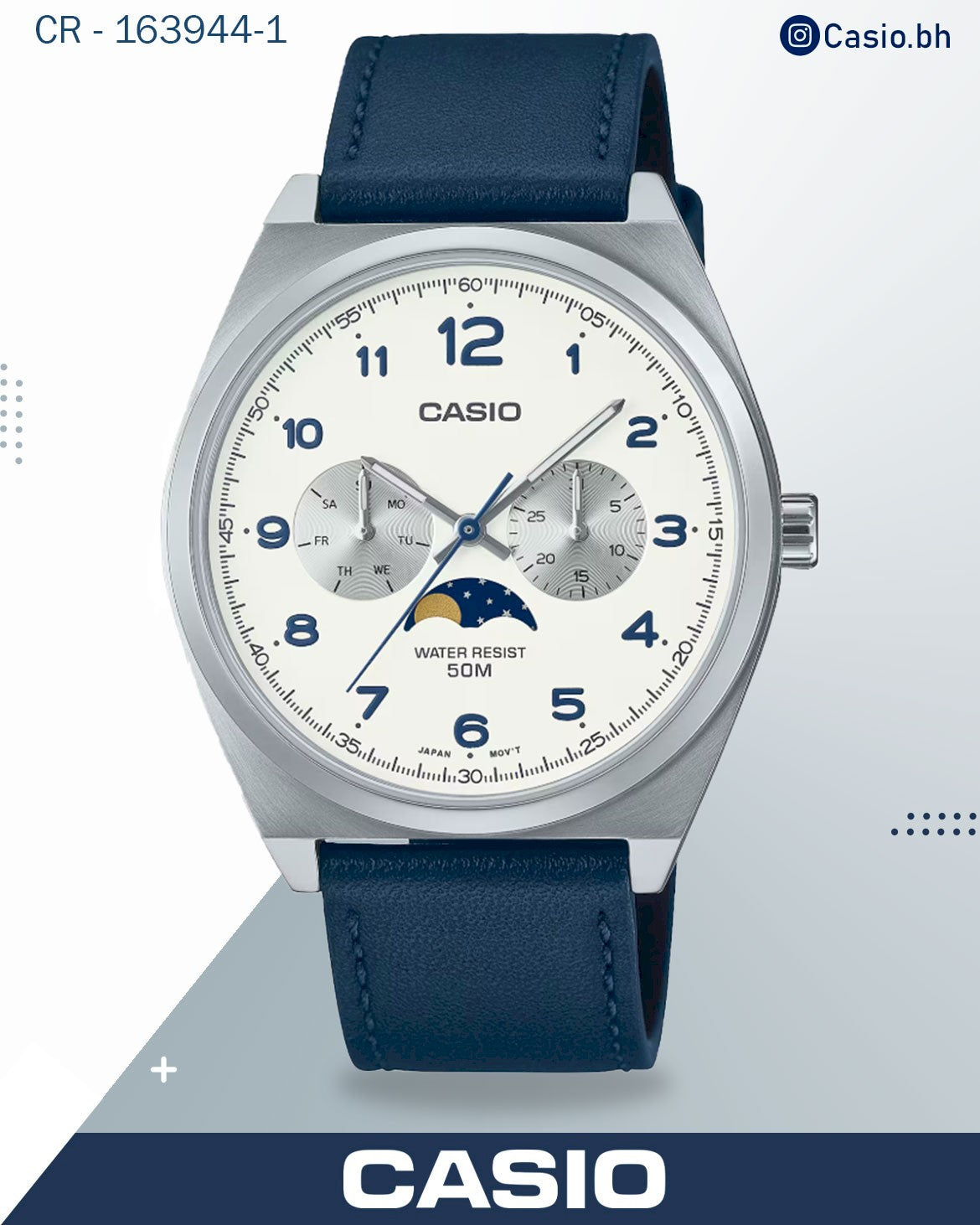 ساعة كاسيو رجالية، مينا أبيض، سوار من الجلد الطبيعي الأزرق، موديل mtp-m300l-7avdf
