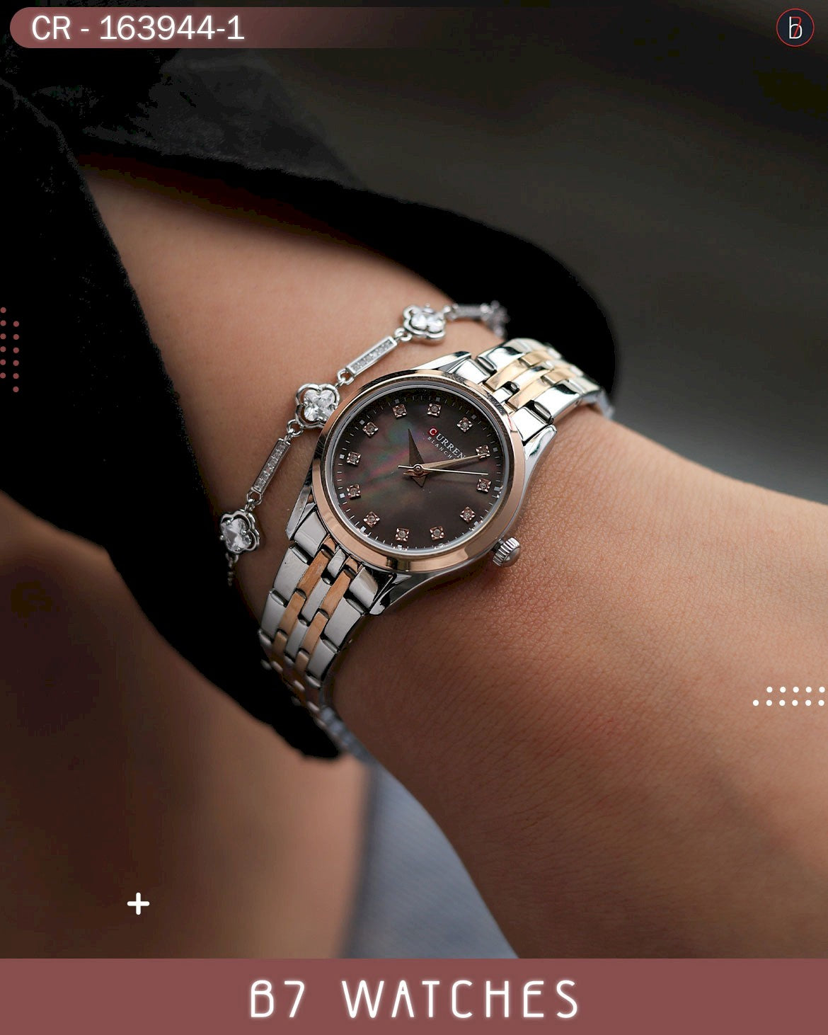 ساعة كورين النسائية، مينا أبيض مع سوار من الفولاذ المقاوم للصدأ بلونين