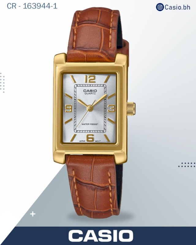 ساعة كاسيو نسائية أنالوج بميناء فضي مع سوار جلدي بني، LTP-1234GLL-7ADF