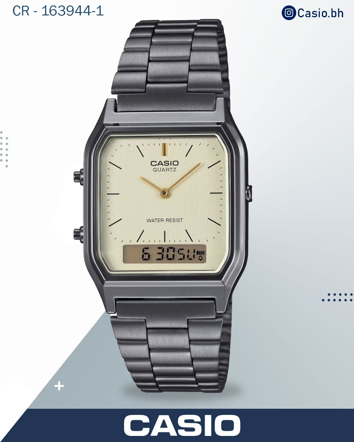 ساعة كاسيو تناظرية-رقمية بمينا أزرق وسوار من الفولاذ المقاوم للصدأ الرمادي، AQ-230GG-2ADF