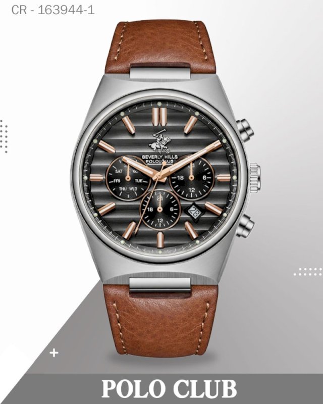 ساعة بولو كلوب رجالية تناظرية، مينا رمادي مع سوار جلدي بني، bp3821x.364