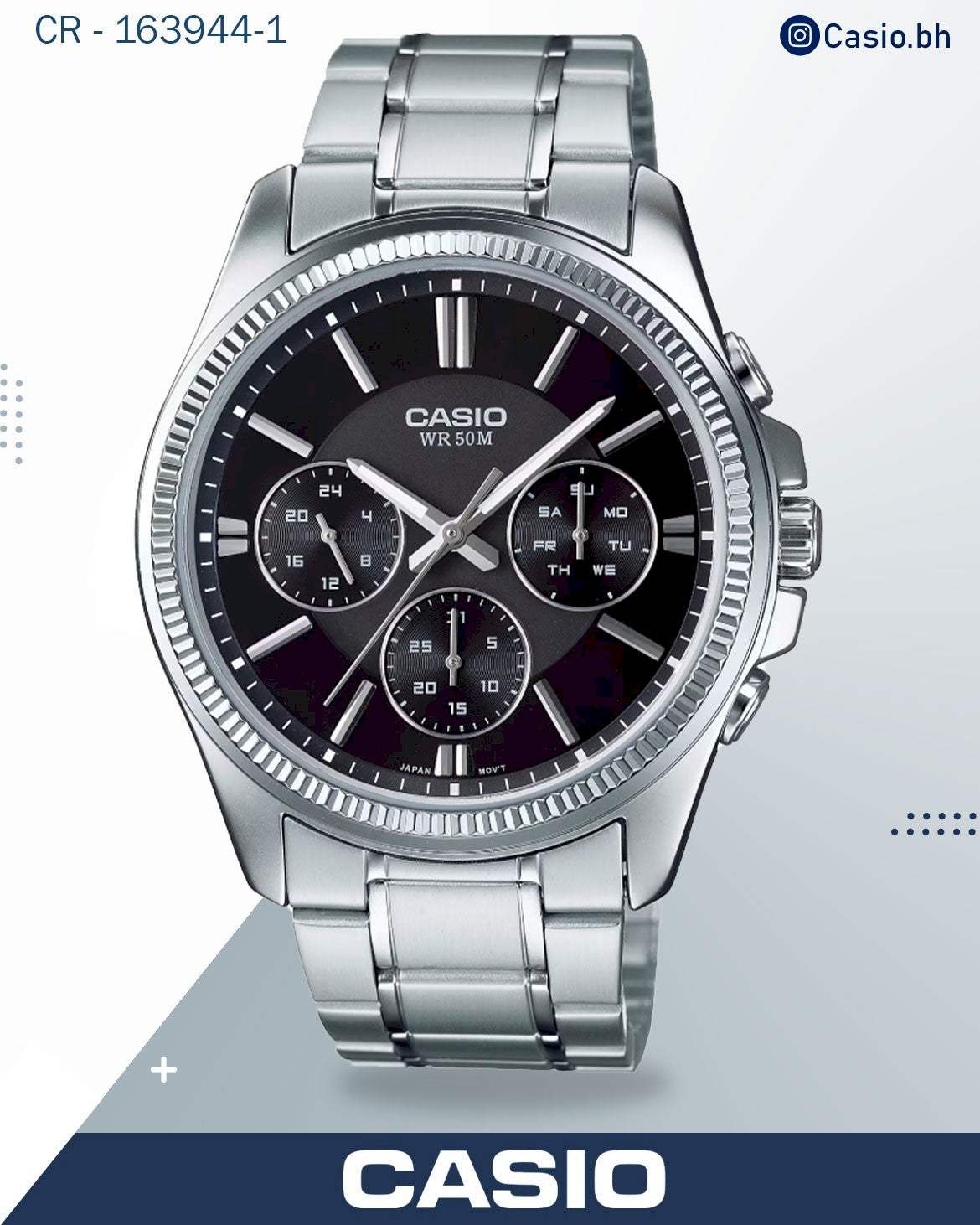 ساعة كاسيو رجالية تناظرية، مينا أسود، سوار من الفولاذ المقاوم للصدأ الفضي، MTP-1375D-1AVDF