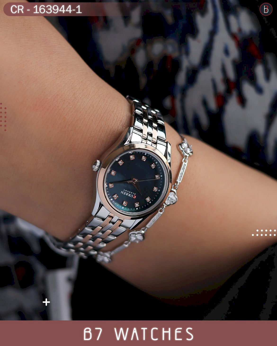 ساعة كورين نسائية بميناء أزرق مع سوار من الفولاذ المقاوم للصدأ بلونين