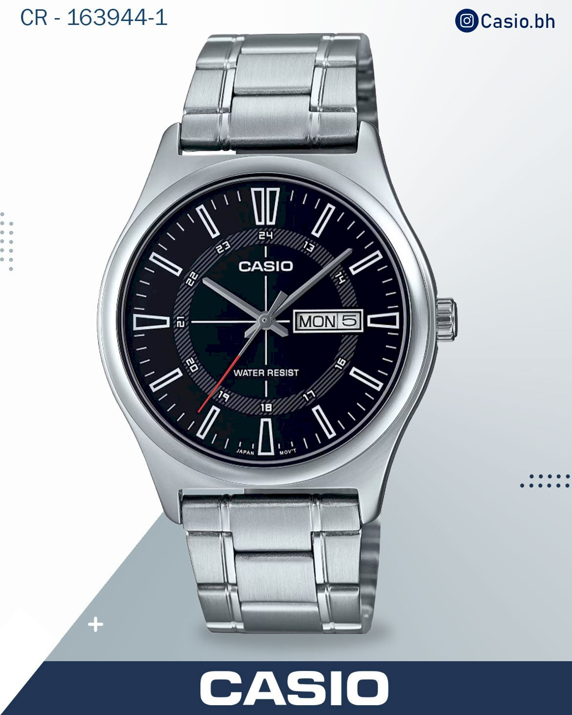 ساعة كاسيو رجالية، مينا أسود، سوار من الفولاذ المقاوم للصدأ الفضي، MTP-V006D-1CUDF