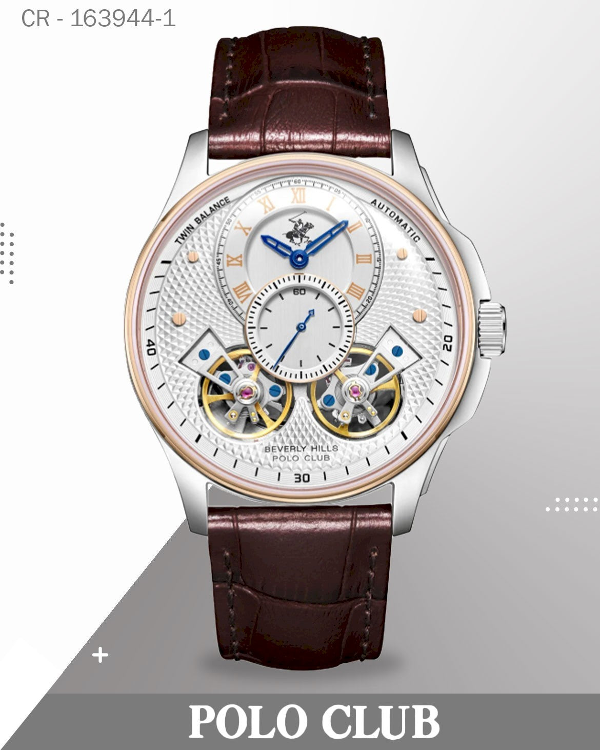 ساعة بولو رجالية أوتوماتيكية، مينا فضي متعدد الوظائف مع سوار جلدي بني، BP3847X.532