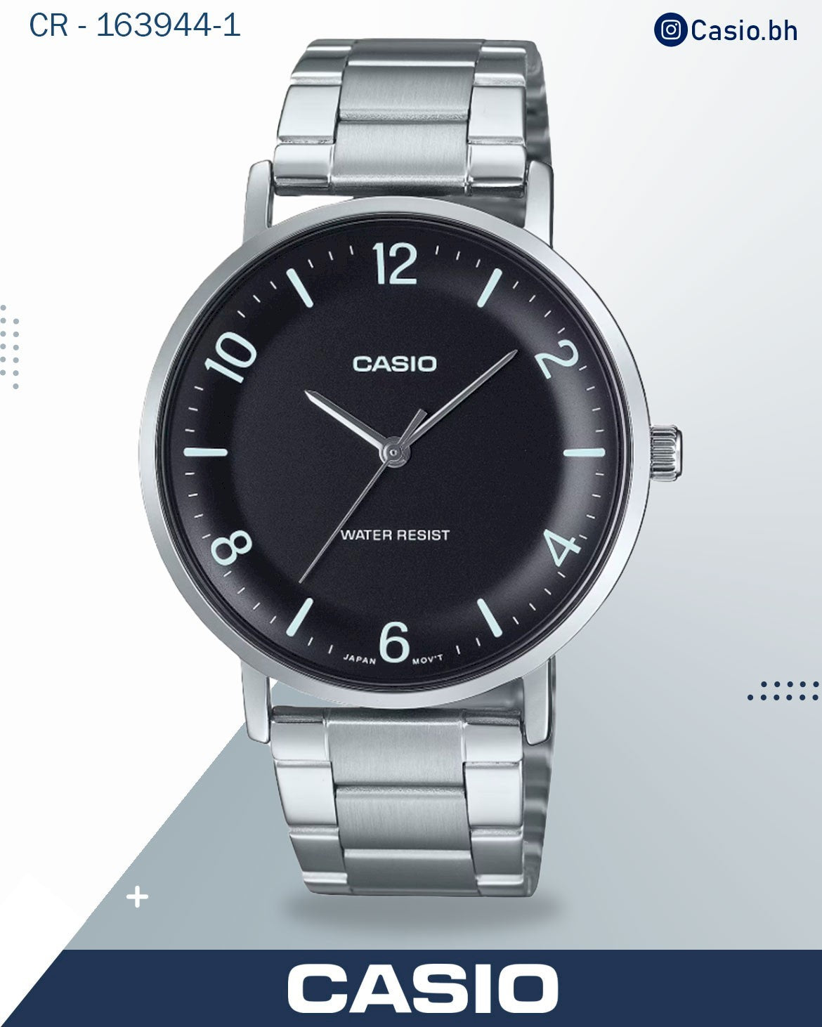 ساعة كاسيو رجالية تناظرية بمينا أسود وسوار من الفولاذ المقاوم للصدأ الفضي، MTP-VT03D-1BDF