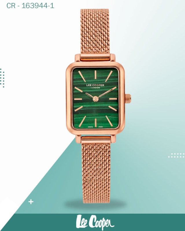 ساعة لي كوبر النسائية التناظرية ذات المينا الخضراء والسوار الشبكي الذهبي الوردي، LC07815.470