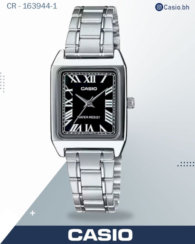 ساعة كاسيو نسائية تناظرية، مينا أسود، سوار من الفولاذ المقاوم للصدأ الفضي، LTP-V007D-1BUDF