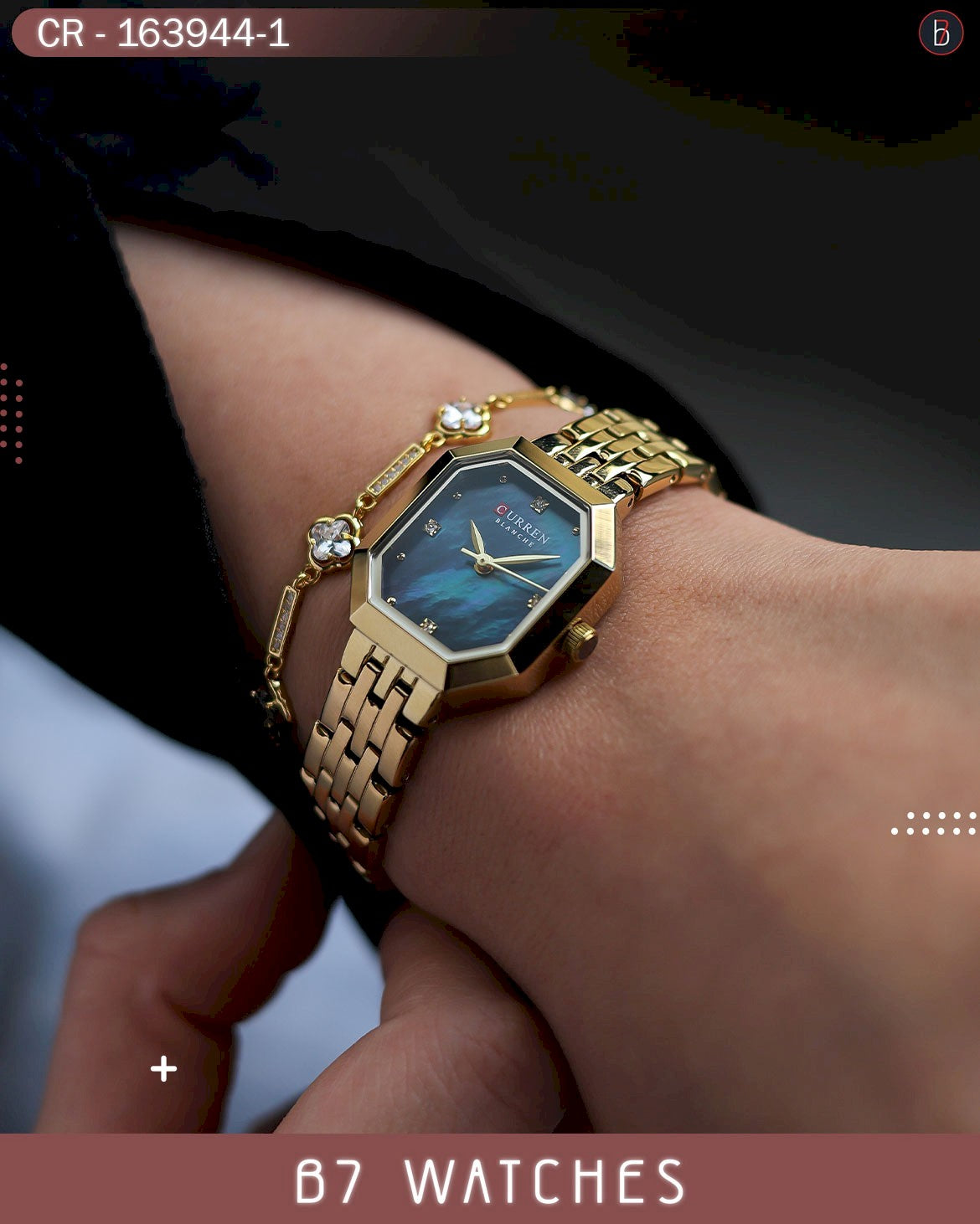 ساعة كورين النسائية، مينا أزرق مع سوار من الفولاذ المقاوم للصدأ الذهبي