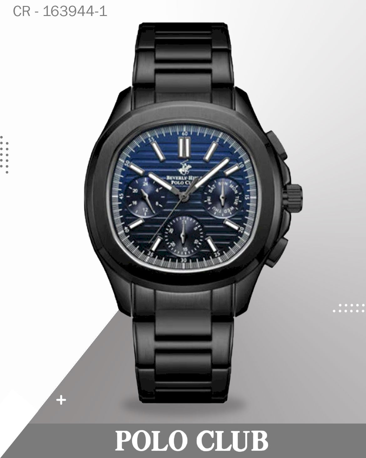 ساعة بولو رجالية تناظرية، مينا أزرق متعدد الوظائف مع سوار فولاذ مقاوم للصدأ الأسود، BP3212X.690