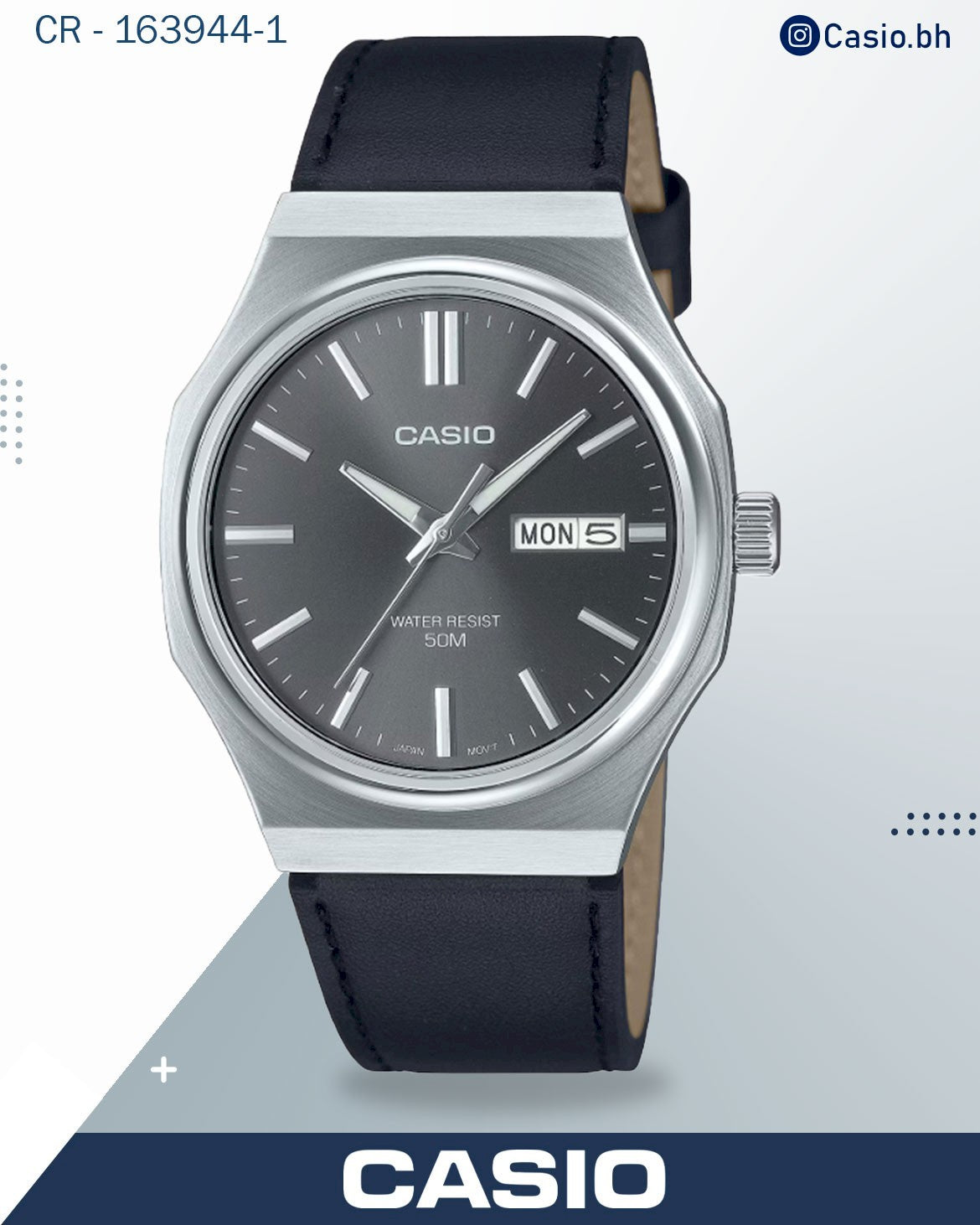 ساعة كاسيو رجالية رقمية بمينا رمادي وسوار جلدي أسود، MTP-E735L-8AVDF