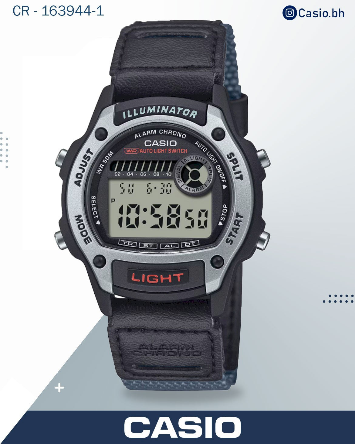 ساعة كاسيو نسائية بمينا رقمي وسوار من الجلد والقماش الأزرق، W-220HF-8AVDF