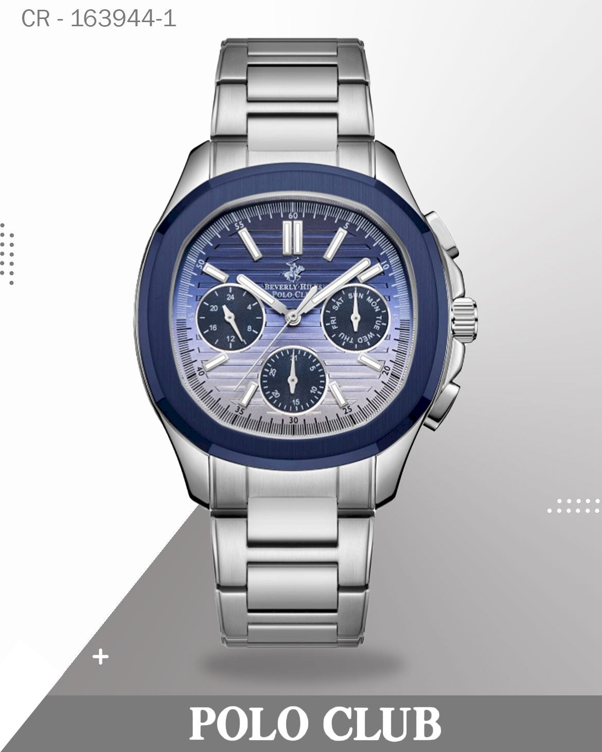 ساعة بولو كلوب رجالية أنالوج بميناء أزرق متدرج مع سوار من الفولاذ المقاوم للصدأ باللون الفضي، BP3212X.391