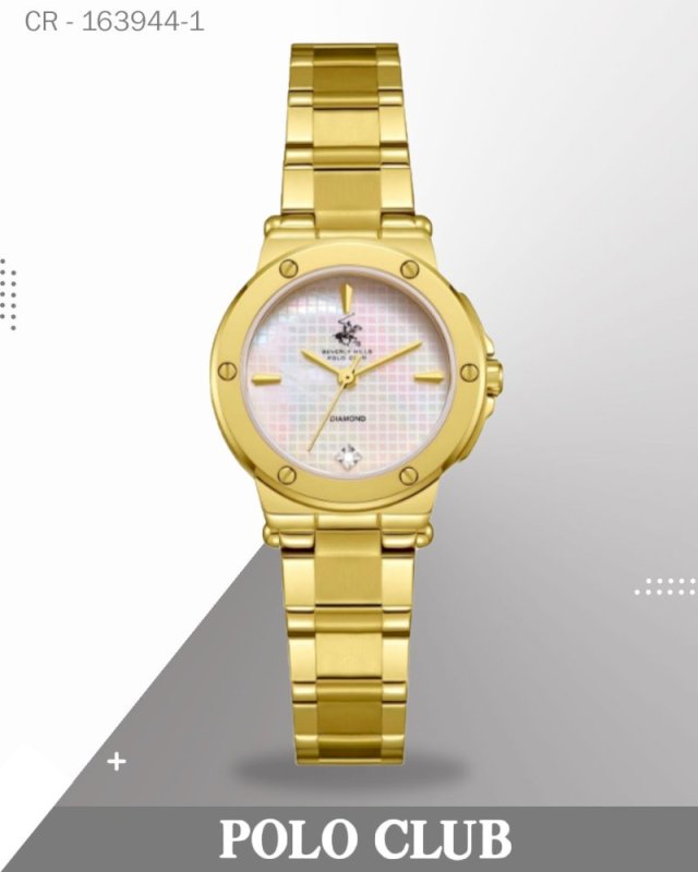 ساعة نسائية من نادي بولو، عرض تناظري، بمينا من عرق اللؤلؤ مع سوار من الفولاذ المقاوم للصدأ باللون الذهبي، الموديل BP3769X.120.