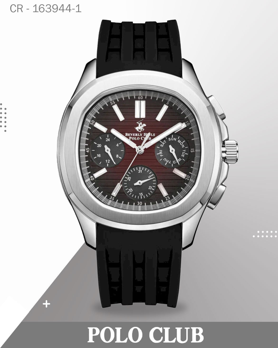 ساعة بولو كلوب الرجالية متعددة الوظائف، مينا أحمر مع سوار سيليكون أسود، BP3211X.381