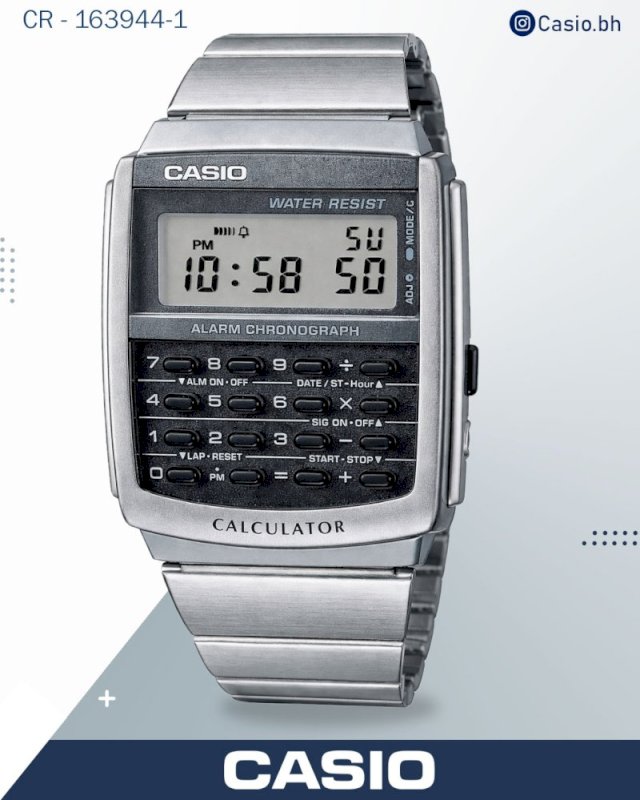 ساعة كاسيو رجالية رقمية مزودة بآلة حاسبة، مينا رمادي وسوار فضي، ca-506-1df