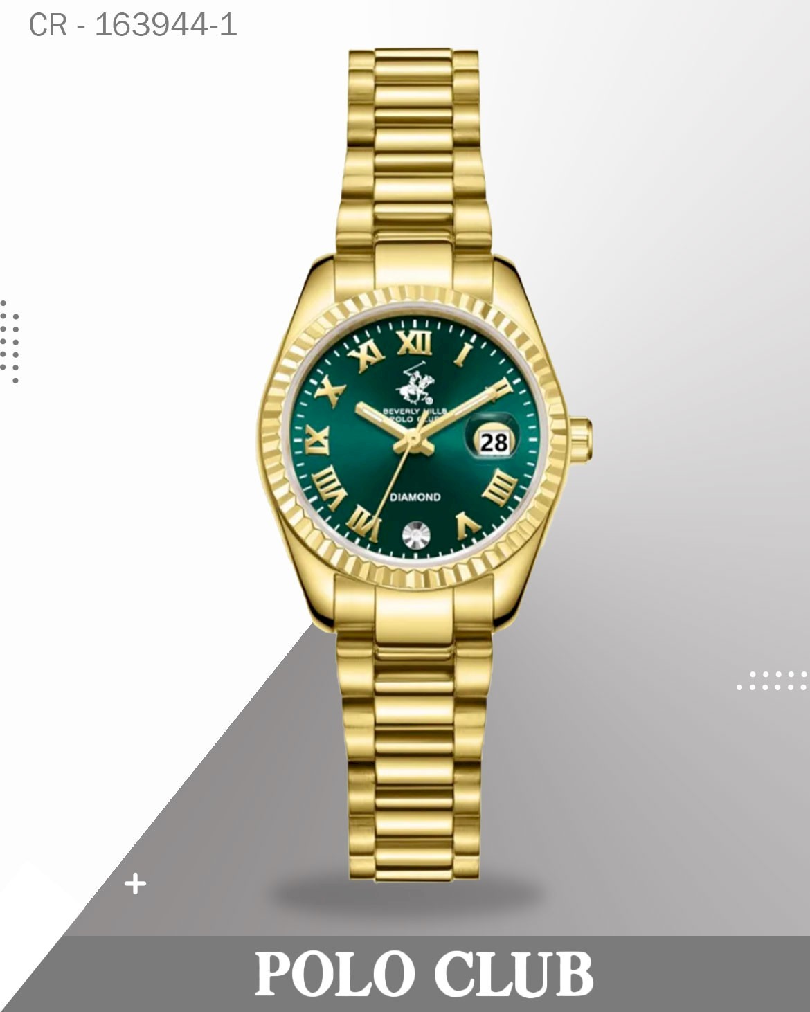 ساعة نسائية من نادي بولو، عرض تناظري، بمينا أبيض وسوار باللون الذهبي، الموديل BP3819X.170