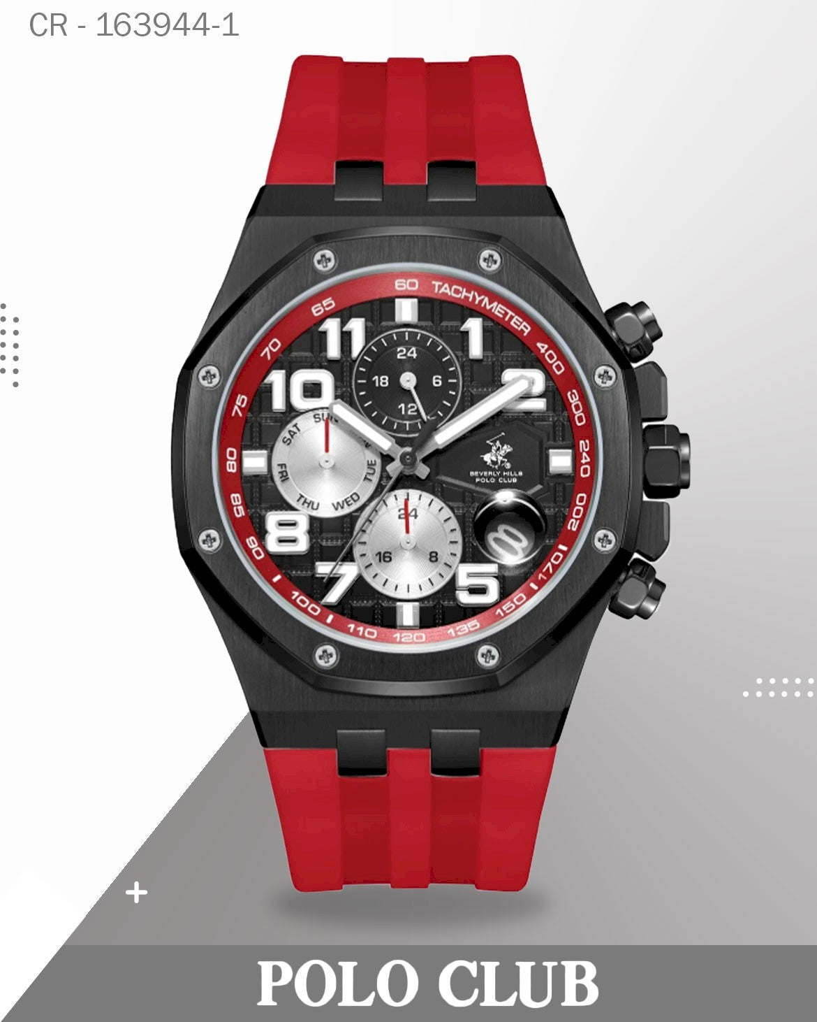 ساعة بولو كلوب رجالية أنالوج بميناء أسود مع سوار ريزن أحمر، BP3783X.658