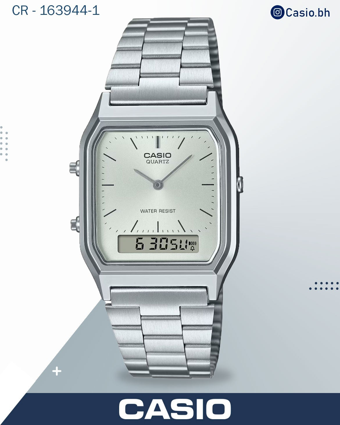 ساعة كاسيو رجالية من مجموعة فينتج، تناظرية-رقمية، مينا فضي، ستانلس ستيل أبيض ، AQ-230A-7AMQYDF