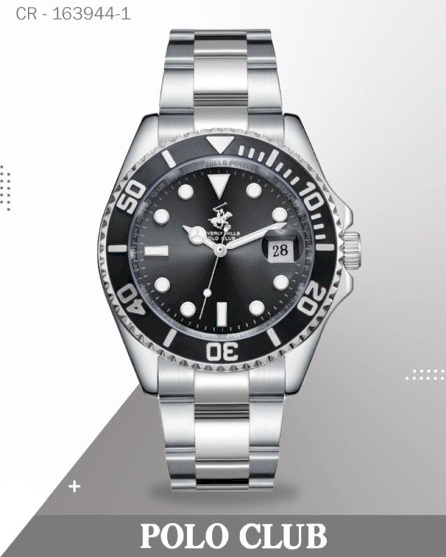 ساعة بولو كلوب رجالية تناظرية بمينا أسود وسوار من الفولاذ المقاوم للصدأ الفضي، BP3797X.350