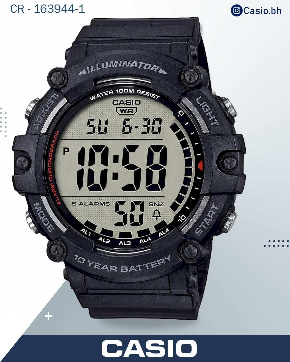 ساعة كاسيو رجالية رقمية، مينا أسود، سوار من الراتنج الأبيض، AE-1500WH-8B2VDF