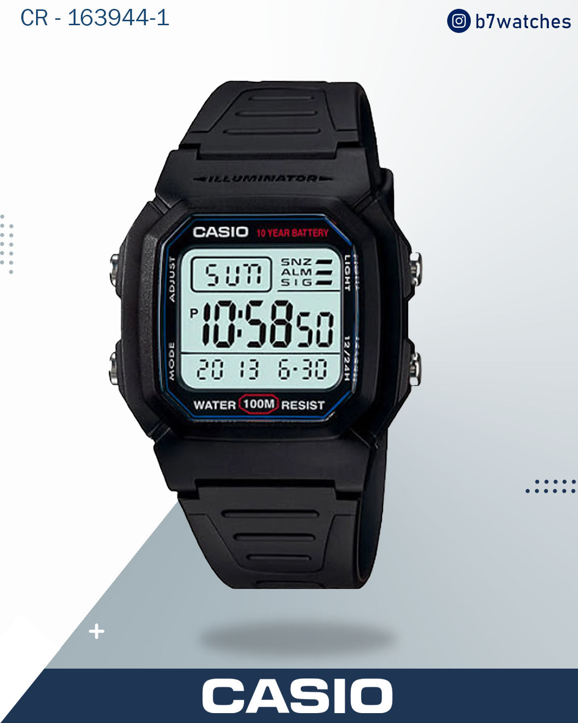 ساعة كاسيو رجالية رقمية، مينا أسود، سوار من الراتنج الأسود، W-800H-1AVDF