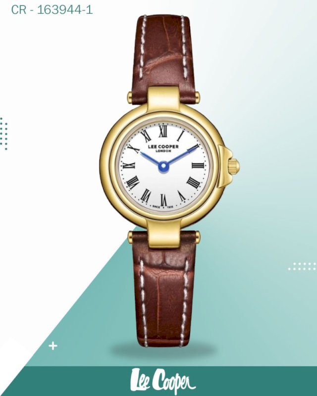 ساعة لي كوبر النسائية، مينا أبيض تناظري مع سوار جلدي بني، LC08205.134