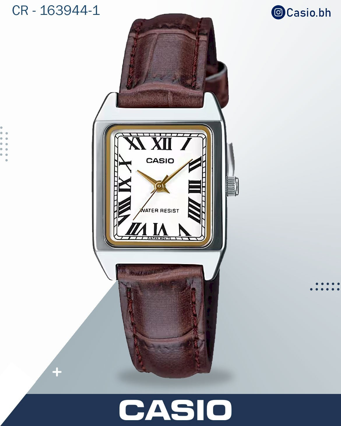 ساعة كاسيو نسائية بعقارب، مينا أبيض مع سوار جلدي بني، LTP-V007L-7B2UDF