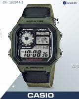 ساعة كاسيو رجالية رقمية، مينا أخضر وسوار قماشي أخضر، AE-1200WHB-3BVD