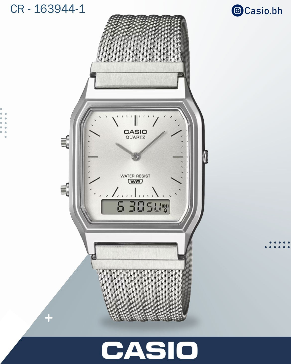 ساعة كاسيو تناظرية ورقمية، مينا أزرق، سوار شبكي من الفولاذ المقاوم للصدأ، AQ230EM-2A