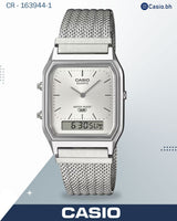 ساعة كاسيو تناظرية ورقمية، مينا أزرق، سوار شبكي من الفولاذ المقاوم للصدأ، AQ230EM-2A