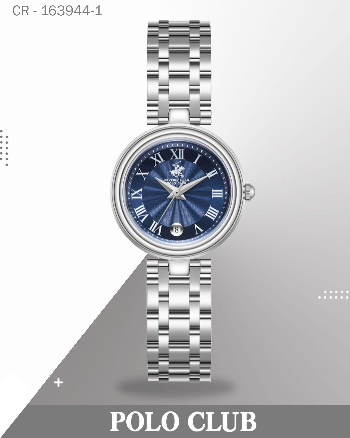 ساعة نسائية من نادي بولو، عرض تناظري، بمينا أبيض وسوار أزرق، الموديل BP3838X.390