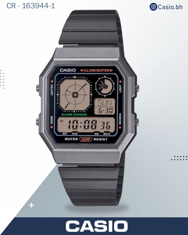 ساعة كاسيو رجالية رقمية بمينا أسود وسوار من الفولاذ المقاوم للصدأ الرمادي، A130WEGG-1ADF